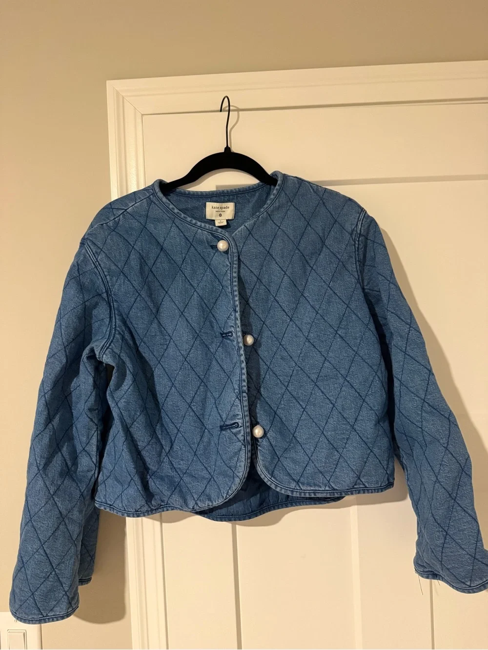 kate spade Quilted Light Blue Pearl-Button Denim Jacket